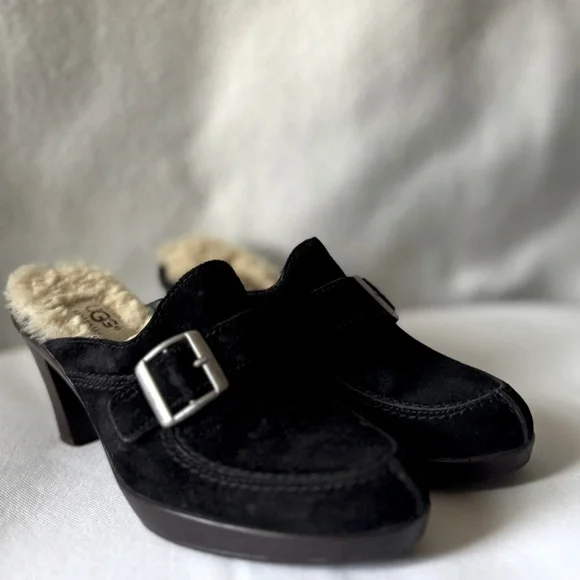 Ugg Size 7 Women’s Black Suede Shearling Heeled Clogs - Picture 15 of 16